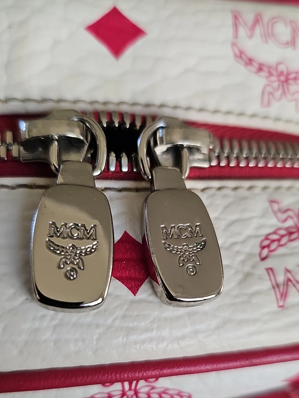 MCM Visetos Monogram Leather Pocket Boston Bag - Pink And White